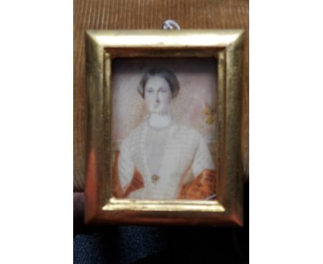 A 19th c portrait miniature on ivory a lady (slight fading) in gilt frame 8.5cm
