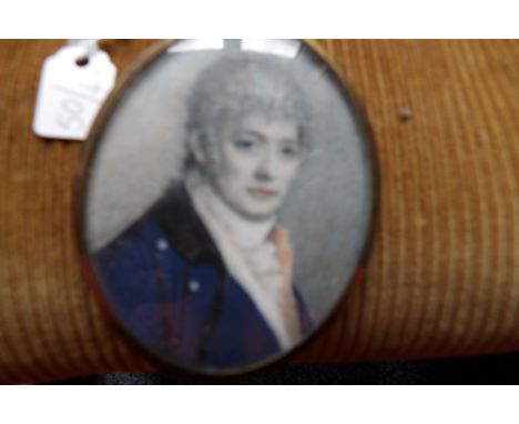 Good quality oval portrait miniature on ivory a gentleman in a blue coat with a cravat 6cms
