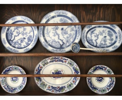 Six plates Copeland and Minton and blue and white ladle.