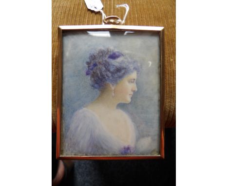 Good quality portrait miniature a lady in blue with all over painted background 7.5cms