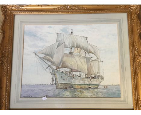 Watercolour of a galleon by Graham Deans.