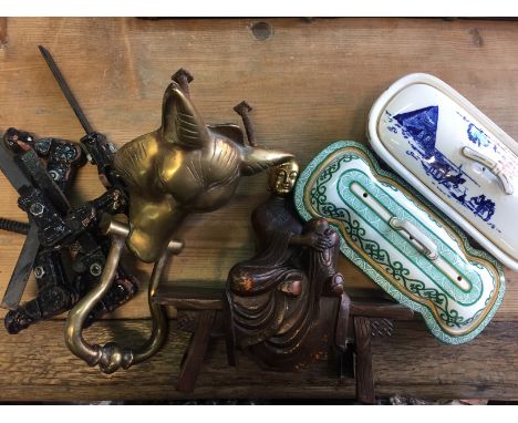 A miscellany to include fox mask knocker, soap dishes, French shutter holders etc.
