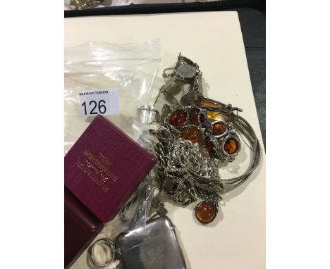 A quantity of vintage silver jewellery to include vesta case, amber, rings and chains.
