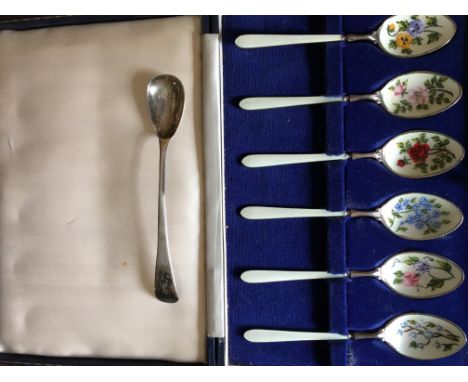 Boxed silver and enamel teaspoons together with silver mustard spoon.