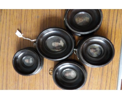 Set of five 3cm portrait miniatures of Lord Hindon and family c1620-1640 in oval black frames authenticated by V & A museum