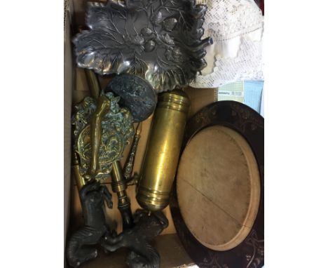 Boxed lot of miscellaneous to include Art Nouveau bread board, brass door knocker, lead horses etc.