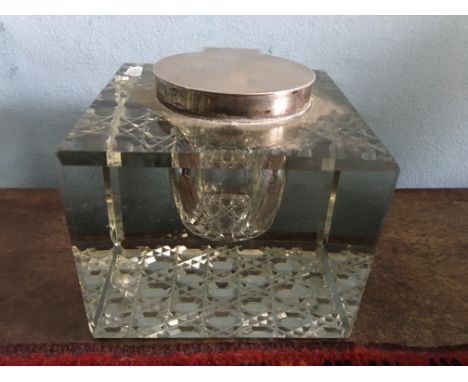 Good quality glass and silver inkwell. 10cms square Birmingham 1927.