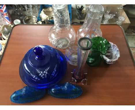 Various items of glassware including pressed and coloured.