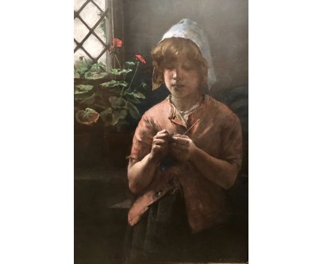 FRED ELWELL Pastel portrait of a young girl knitting signed "Turning the heel" 96 x 71