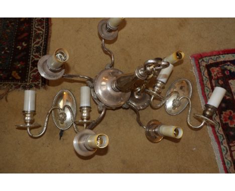Silver plated five branch chandelier and two matching wall lights with rams head detail.