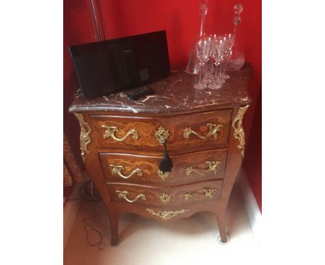 French walnut commode with ormolu handles marble top repaired 91 x 45 x 94h cms
