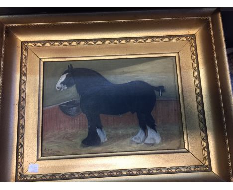 Oil on board, a shire horse in its stable by A. Ashworth 1913 signed l.l 17x24.5cms.