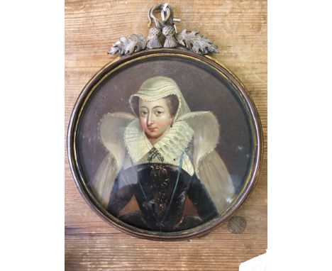 Oil on copper miniature portrait of Mary Queen of Scots after Nicholas Hilliard 14.5 c diam.