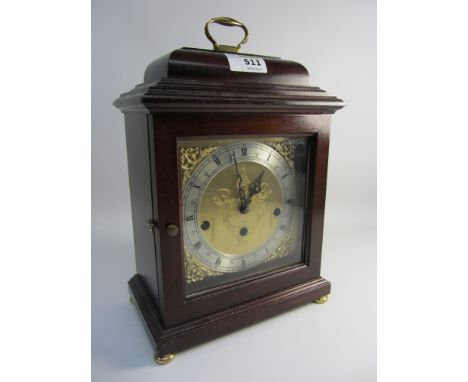 Mahogany cased mantle clock, brass and silvered dial with FHS Germany chiming movement, brass carrying handle, H30cm
CLOCKS &