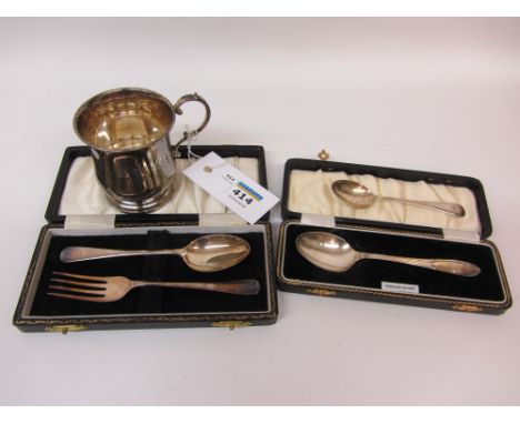 Hallmarked silver christening mug, fork and spoon, spoon all cased and one other spoon 5oz