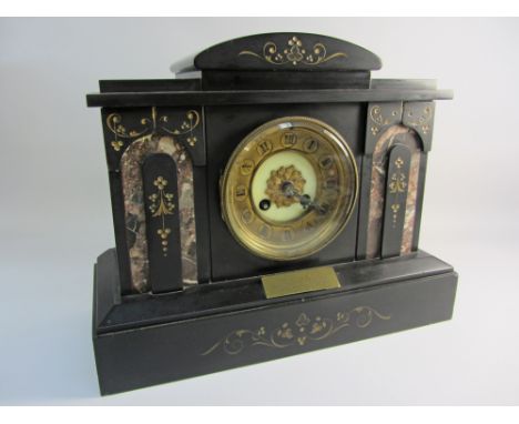 Victorian slate marble mantle clock, circular brass dial, fitted with presentation plaque dated 1890, W33cm
CLOCKS & BAROMETE