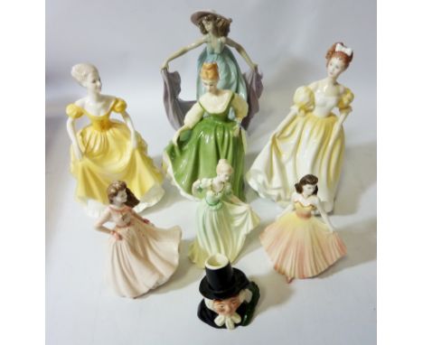 Two Royal Doulton figures 'Natalie' HN3173, 'Fair Lady' HN2193, Coalport figure 'Emily', three miniature Coalport figures, Ll