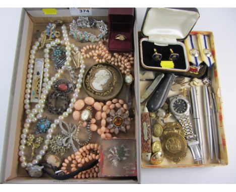 Two hallmarked 9ct gold rings, vintage and later costume jewellery, military buttons, pens and miscellanea in two boxes