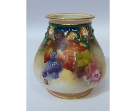 Royal Worcester vase hand painted with autumnal fruit and flowers, date code for 1908, signed H10cm