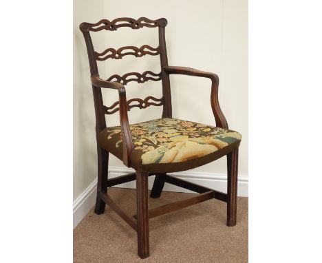 George III mahogany elbow dining chair, with a four step ladder back with pierced quatrelobed motifs, gros point woolwork sea