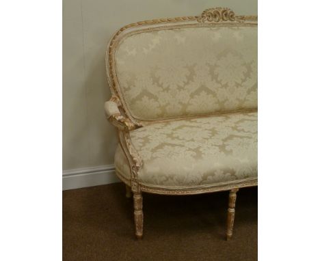 French Louis XVI style cream and gilt wood framed salon sofa upholstered in quality cream damask cover, L158cm