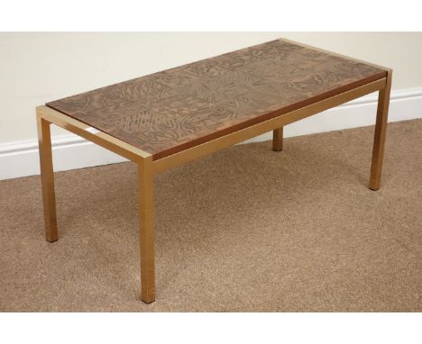 Vintage retro rectangular coffee table, chromed legs, carved copper effect top, 96cm x 45cm, H41cm