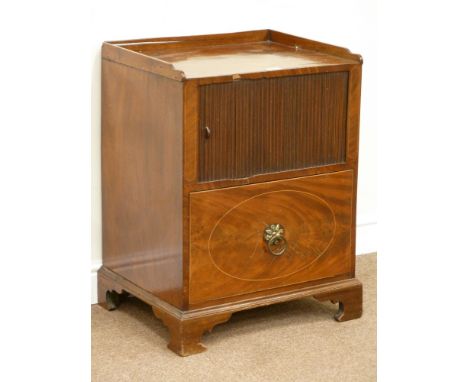 Early 19th century figured mahogany and boxwood strung bedside commode, three quarter gallery, tambour cupboard over a deep d
