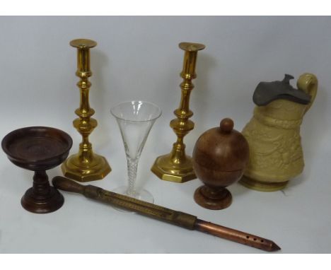 W. Ridgway & Co. salt glaze jug, pair brass candlesticks, Edwardian period gardener's 'Hot Bed' thermometer, glass with air t