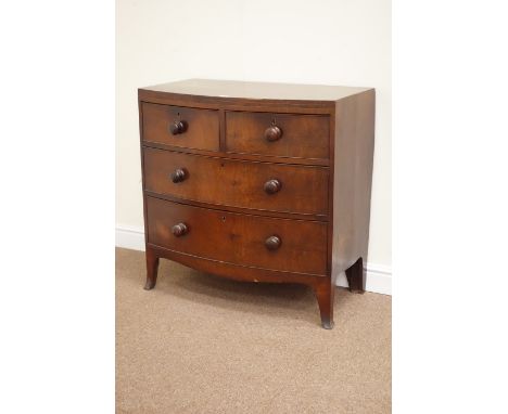 Early 19th century mahogany bow front chest of two short and two long drawers on swept bracket feet, oak sided drawers, W86cm