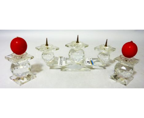 Swarovski crystal three branch candlestick and a pair of similar Swarovski crystal candle sticks H5.5cm (3) 