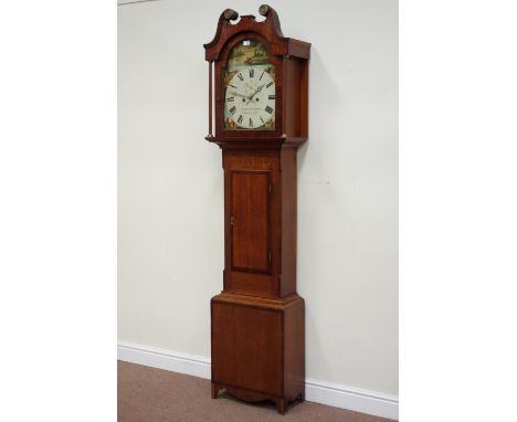 19th century oak and mahogany banded Scarborough longcase clock, painted enamel dial fitted with eight day movement, signed W