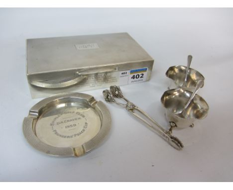 Silver cigarette box engine turned decoration containing silver ashtray, pair sugar nips and pair of salts and spoons hallmar