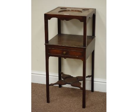 George III mahogany wash/night stand, of square section, shaped apron, the middle tier with slim frieze drawer, the legs link