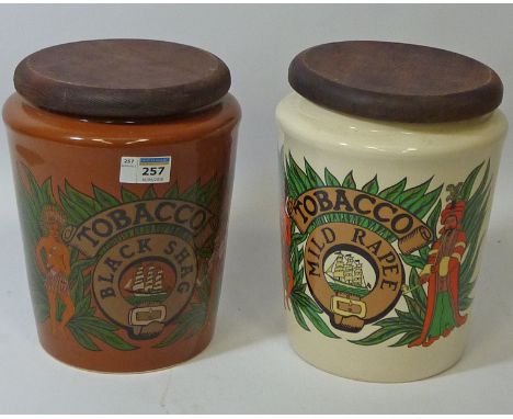 'Mild Rapee' and 'Black Shag' - pair ceramic tobacco jars H25cm 