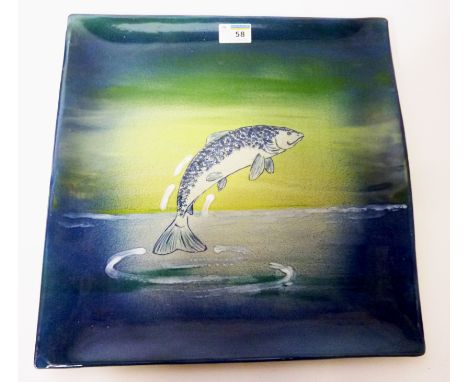 Large Eskdale Studio square ceramic platter hand painted with leaping fish W38cm