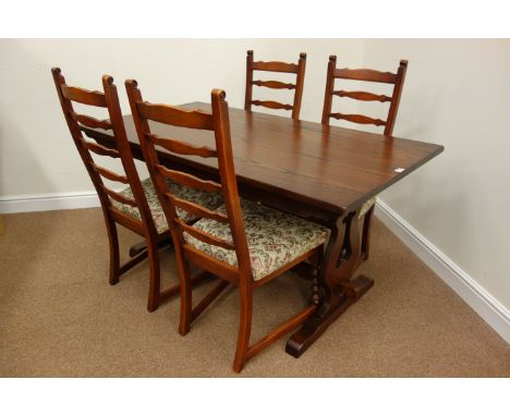 Old Charm medium oak rectangular refectory table on stretcher base (153cm x 81cm, H74cm), and set four ladder back chairs wit