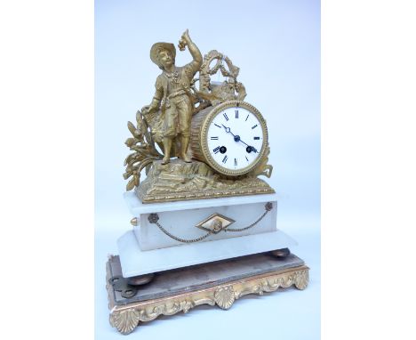 Mid 19th century gilt metal and alabaster mantle clock on gilt wood base, H35cm overall
CLOCKS & BAROMETERS - as we are not a