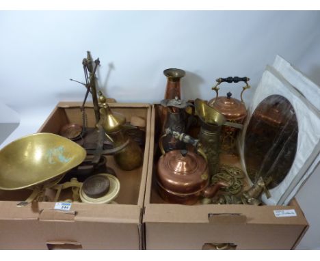 Vintage kitchen scales, Eastern brass coffee pot, Art Nouveau period and other metalware and two pub advertising mirrors in t