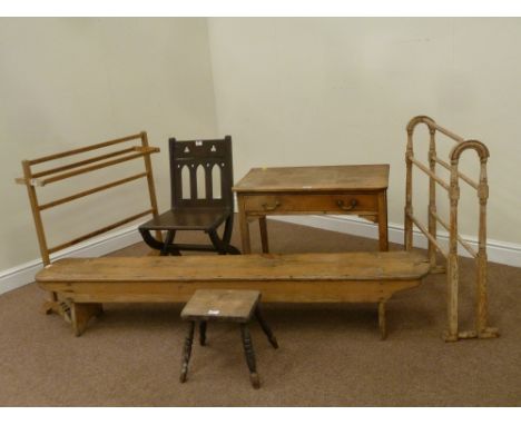 19th century striped pine washstand fitted with single drawer, rustic pine plank bench, 19th century walnut four legged stool