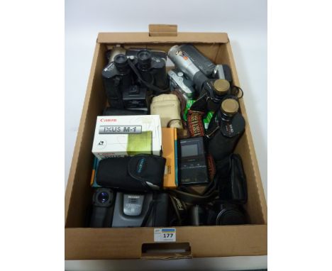 Two pairs of binoculars, video cameras, digital cameras, Casio pocket television and other related items in one box