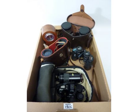 Pair of Ross binoculars and two other pairs of binoculars, Minolta SLR camera with two lenses and accessories and an electric