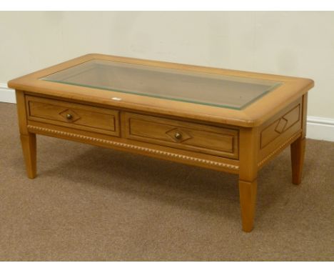 Light oak coffee table fitted with inset glass top and single drawer, 125cm x 65cm, H49cm