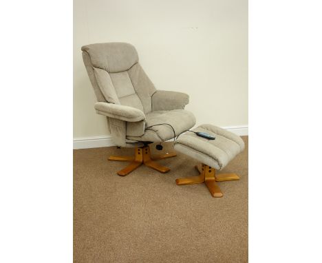Reclining massage chair and matching stool upholstered in beige cover (This item is PAT tested - 5 day warranty from date of 