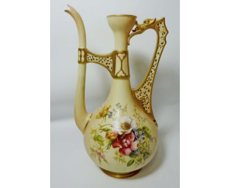 Royal Worcester ewer with floral decoration and dragon handle, date code c. 1895 H30cm