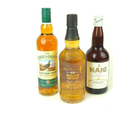 3 x bottles of whisky inc. Haig gold label scotch whiskey 70cl, Famous grouse Islay cask Finish scotch whisky 70cl, Ben Brack