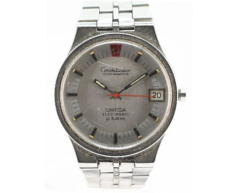 Omega Electronic Constellation Chronometer, f300 Hz gents wristwatch, circa 1970's, on steel strap, with date aperture, red O