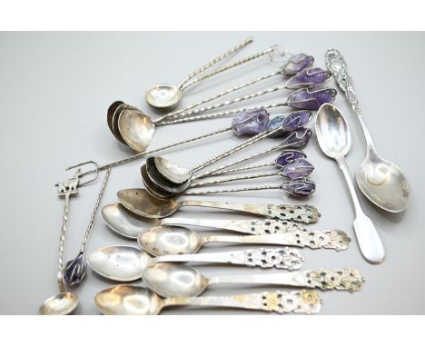900 and 800 grade silver spoons, an 84 zolotnik Russian silver coffee spoon and various white metal spoons and a pickle fork 