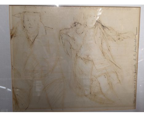 Robert Lenkiewicz pen sketch-Titled Two people on a Bench and signed, very faded. With an additional sketch of nudes verso wi