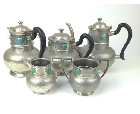 Ashberry arts & crafts Hammered pewter with ceramic detail five piece tea & coffee set Tallest H21cm 