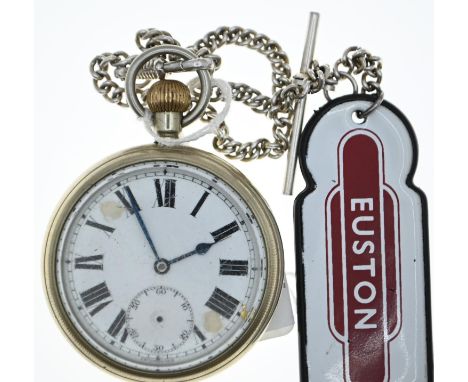 London Midland & Scottish Railway open faced Pocket Watch, rear of case engraved 15045, dia. 55mm on white metal T-bar and ch